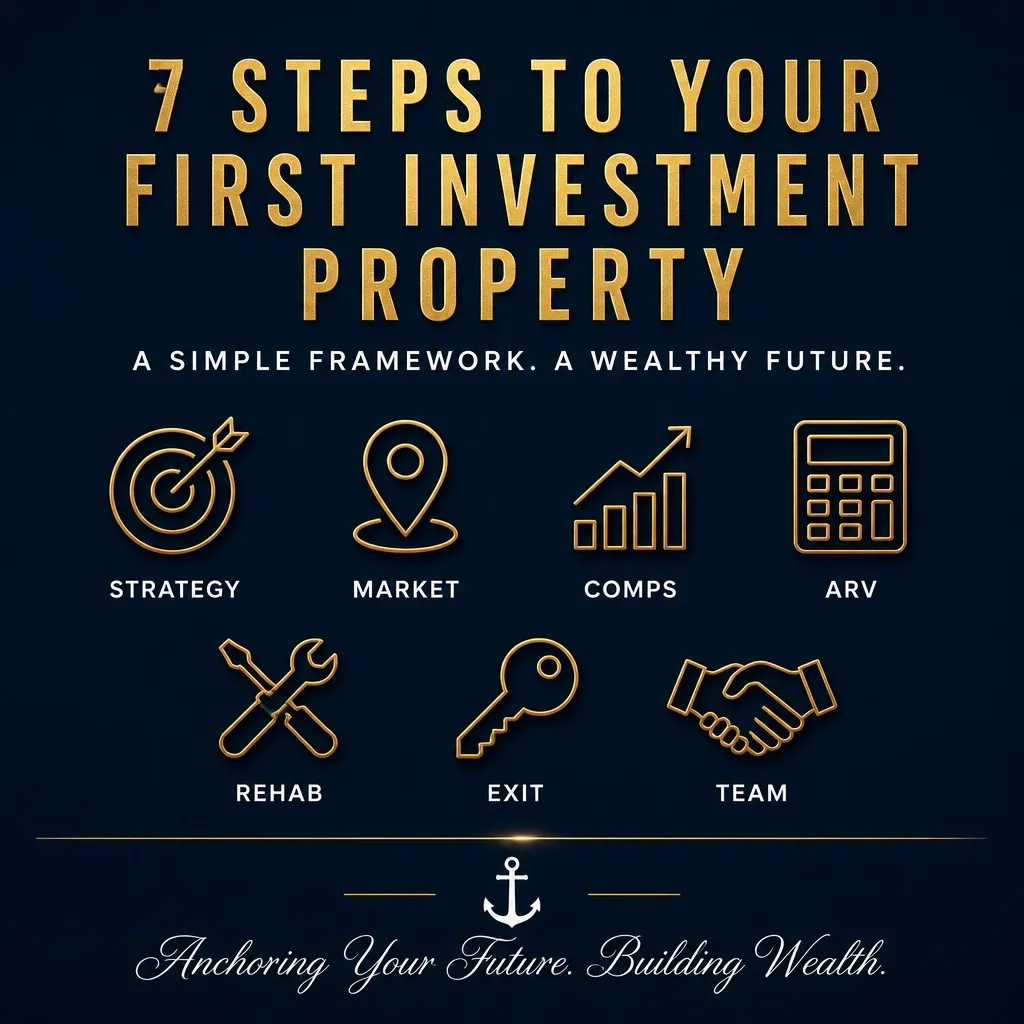 Seven-step investment framework: strategy, market, comps, ARV, rehab, exit, and team
