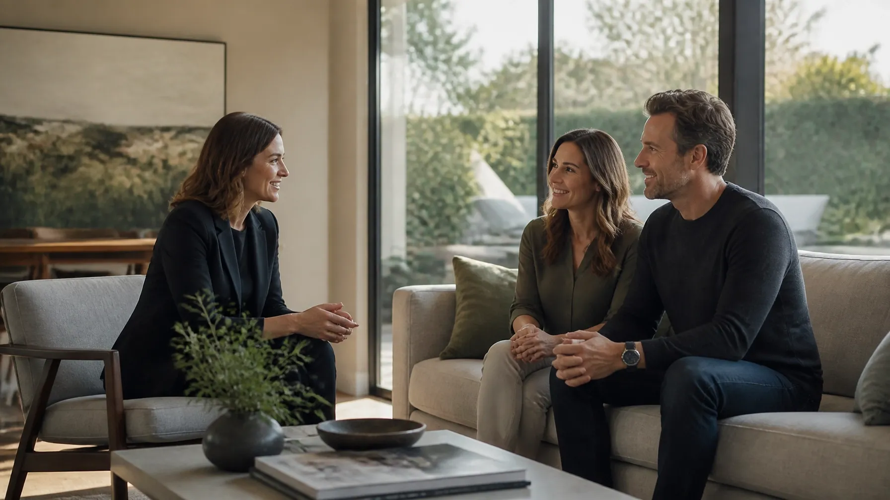 A real-estate advisor speaking with a couple in a bright modern home