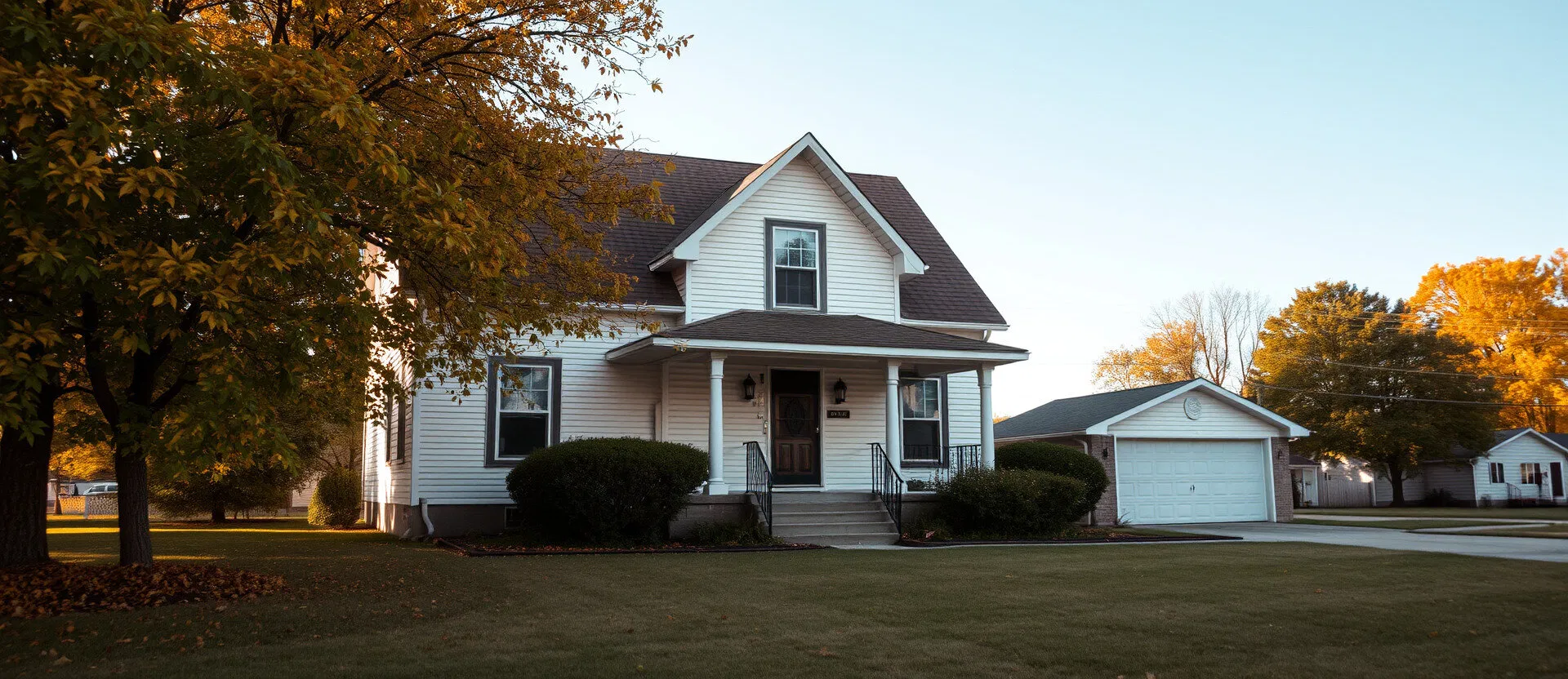 A welcoming two-story home with a covered porch and autumn trees