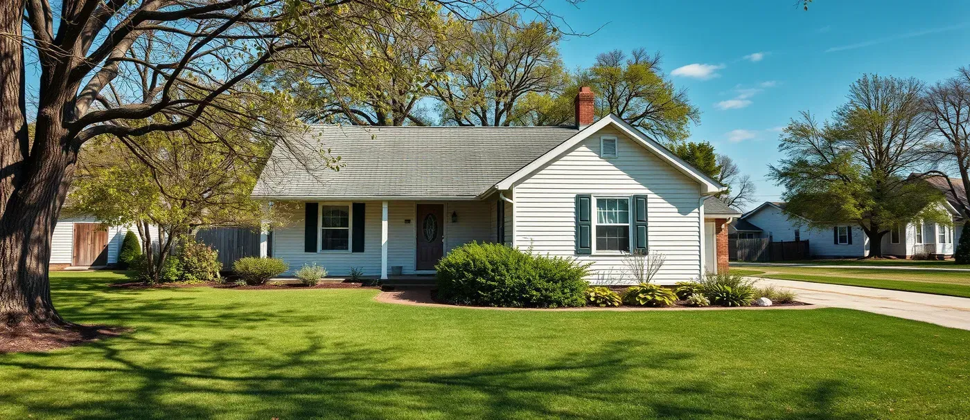 A bright single-story suburban home with a broad green lawn and mature trees